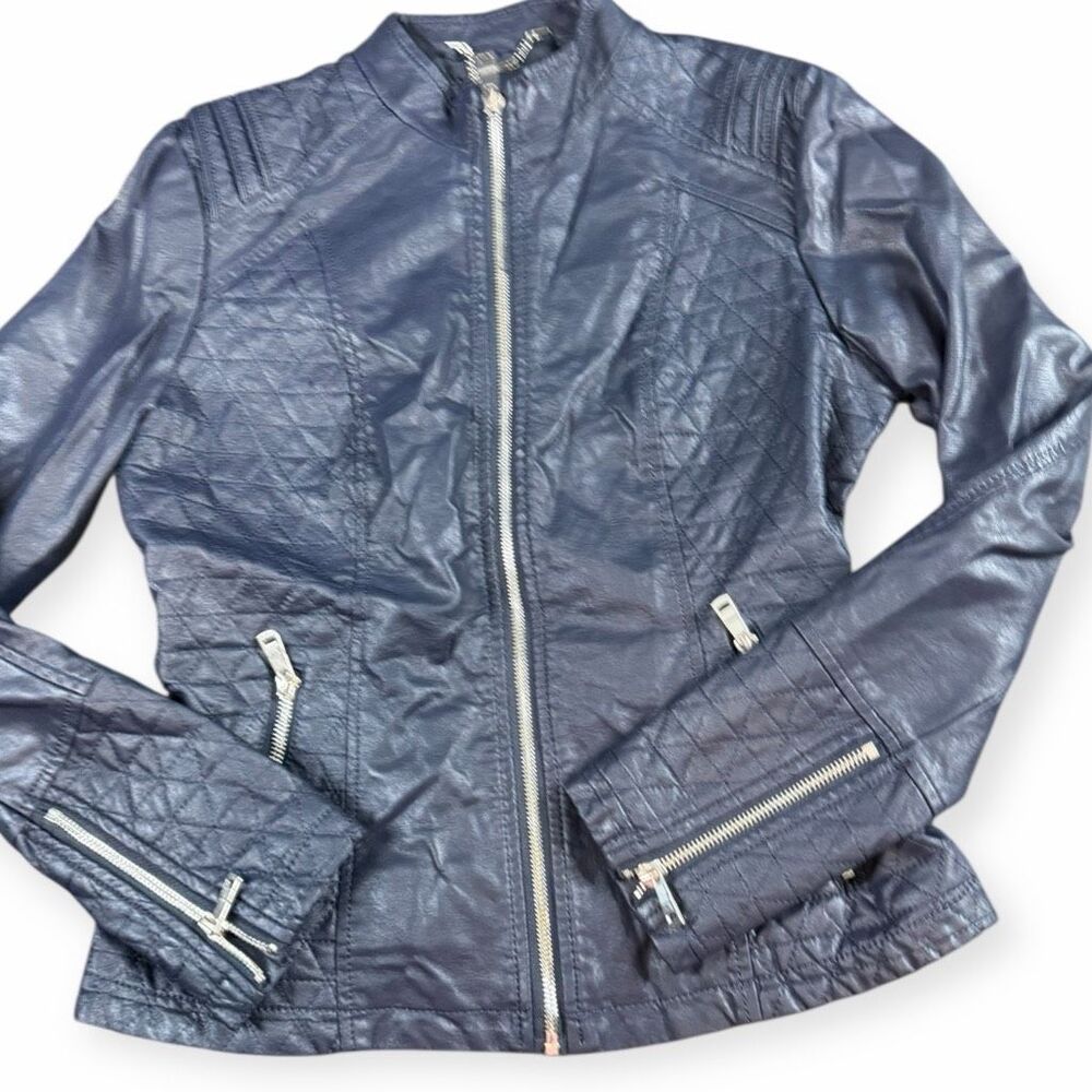 LA COALITION Women’s Navy Blue Faux Leather Quilted Moto Jacket Size Small